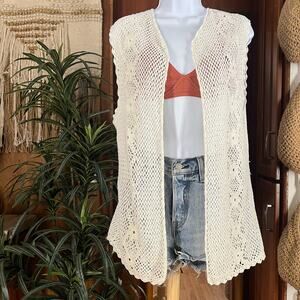 Vintage 70s Crochet Lace Vest Longline Boho Cream Handmade Open Knit Layer Top